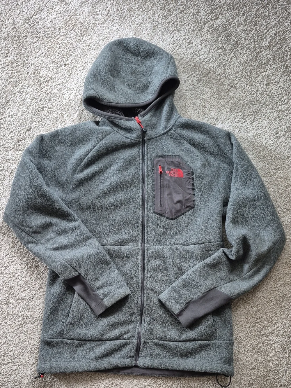 The North Face Men's Gray Hooded Fleece Jacket with Red Accent